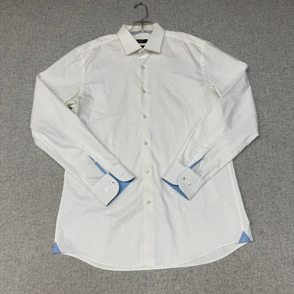 BOSS Hugo Boss Dress Shirt 16.5 42 White Slim Fit Easy Iron Blue Contrast Cuffs
